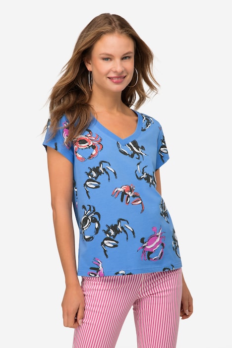 T-Shirt, Krabben Print, V-Ausschnitt, Halbarm
