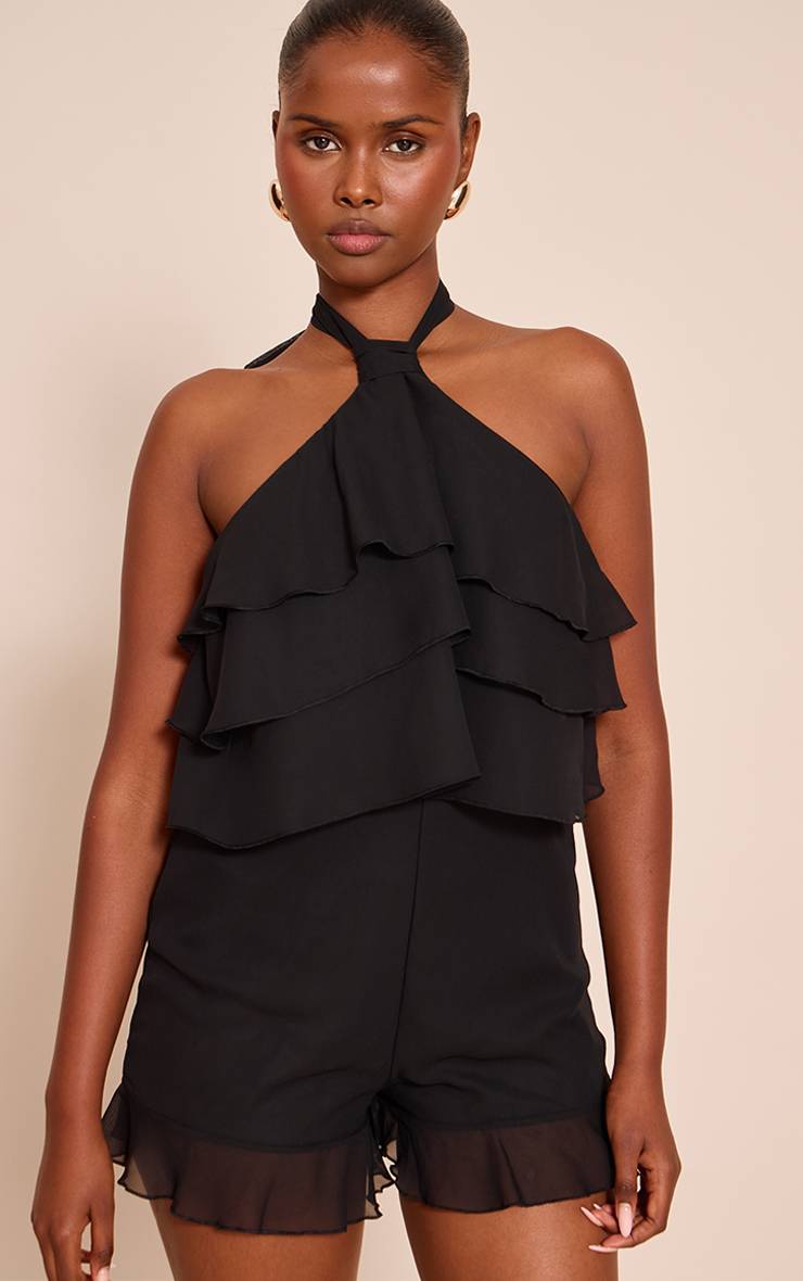 Noir Combi-short En Mousseline À Col Licou Avec Volants