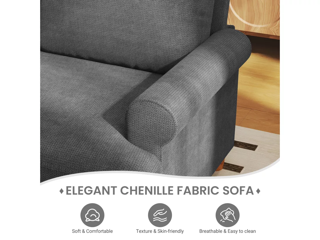 Canapé confort 3 places, Tissu en Chenille, avec accoudoirs,coussins et 2 oreillers, Charge max 365 kg - 220x76x86 cm