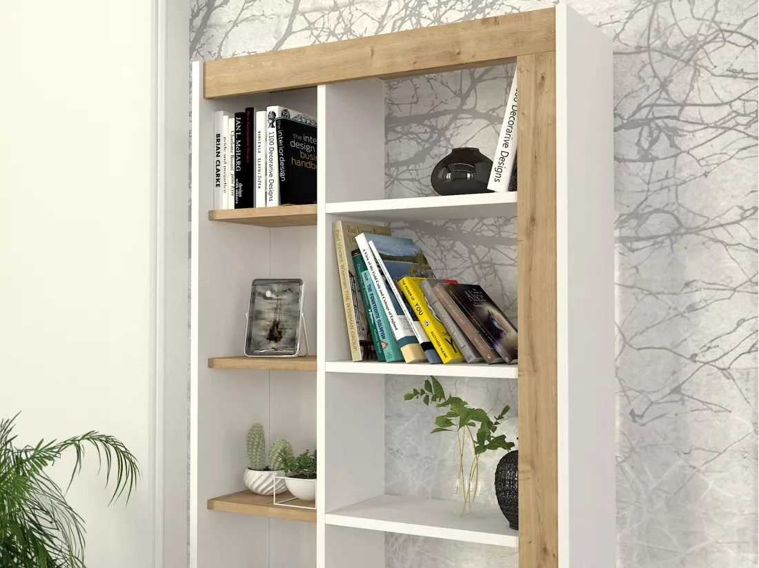 Bibliothèque avec 10 niches - Naturel clair et Blanc - SILOMAI