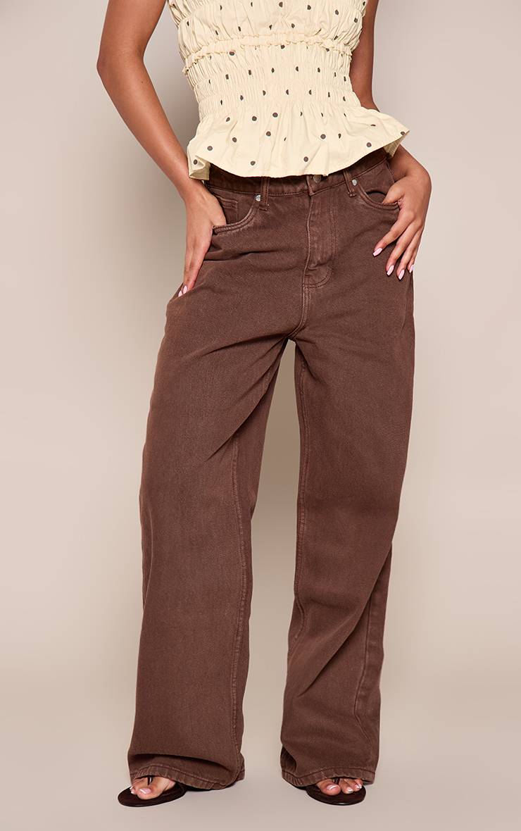 Marron Jean Taille Mi-haute À Jambes Larges