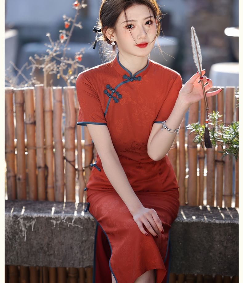 Catamin - Traditionele Chinese korte mouwen, staande kraag, jacquard, split, satijnen midi-mantel, qipao