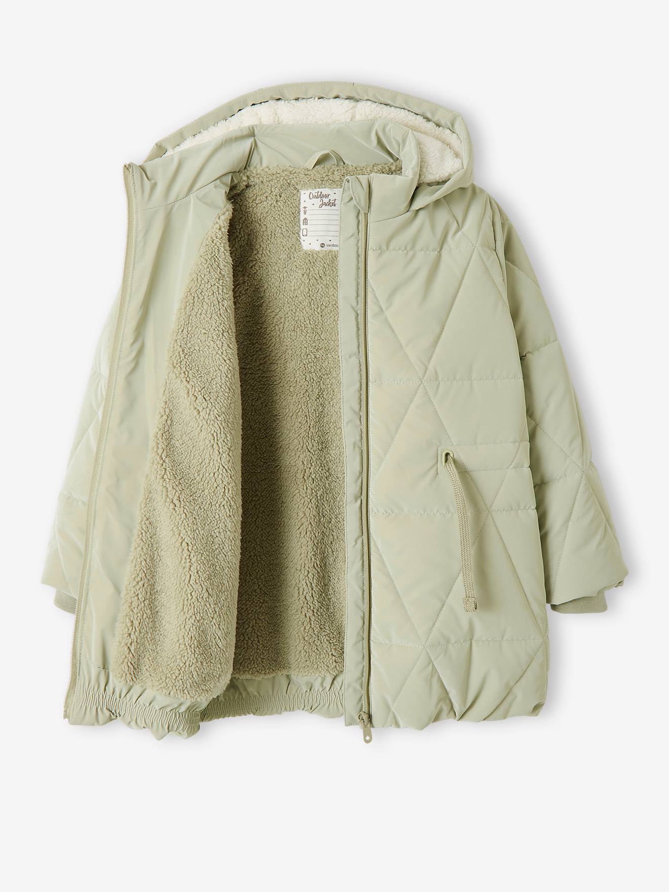 Jaqueta longa acolchoada com capuz e forro de sherpa, estampa azul escura para meninas.