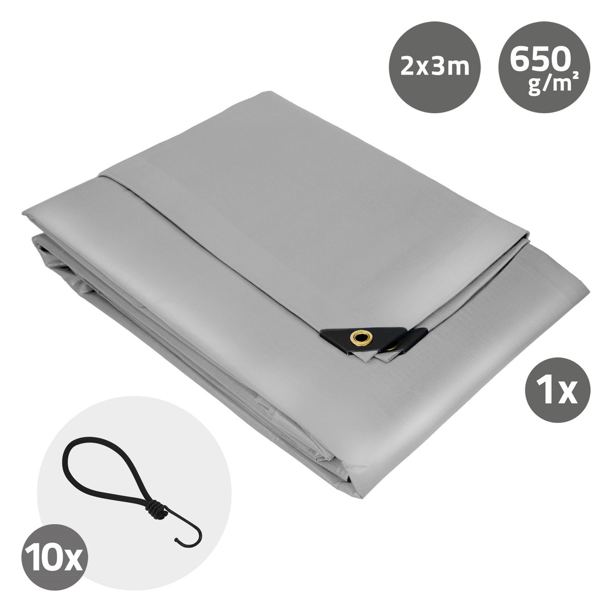 ECD Germany Premium Tarpaulin, Geweven zeildoek met ogen + 10 haken, 3x2m 6m², 650g/m², Grijs, PVC, Waterdicht, Scheurvast, Vrachtwagenzeil, Bootzeil, Tuinzeil, Houten zeil, Beschermhoes voor tuinmeubelen, Zwembad, Auto