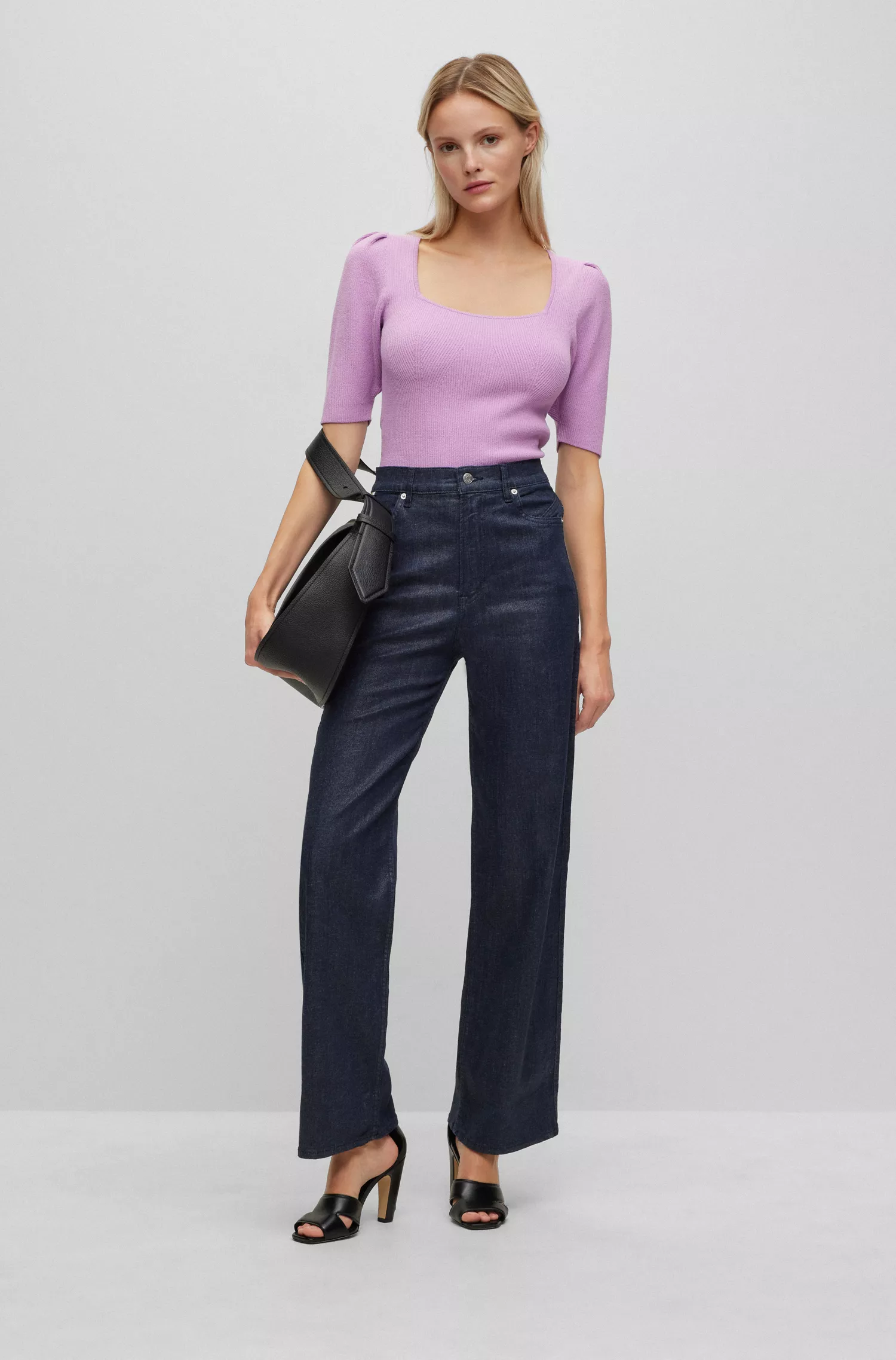 Calça jeans BOSS preta de cintura alta em denim elástico azul