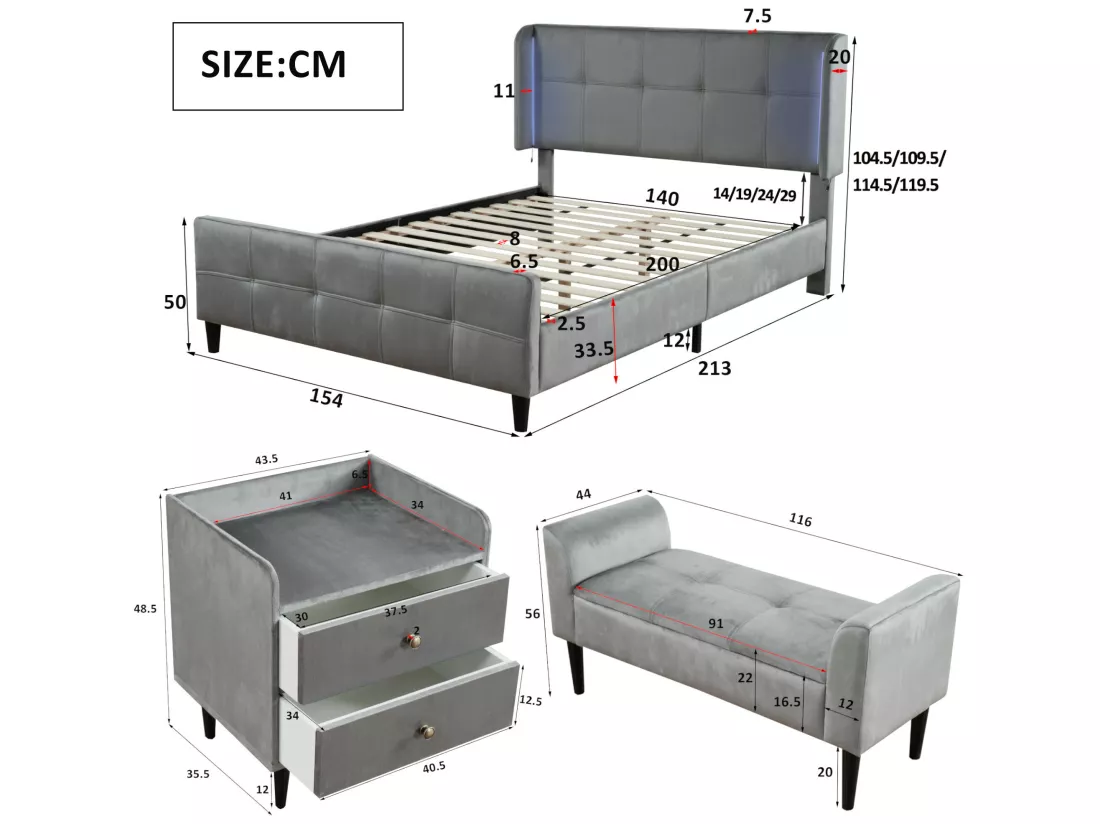 Ensemble lit 140 x 200 cm - tissu velours - table de chevet + bout de lit - sommier à lattes - coloris : gris