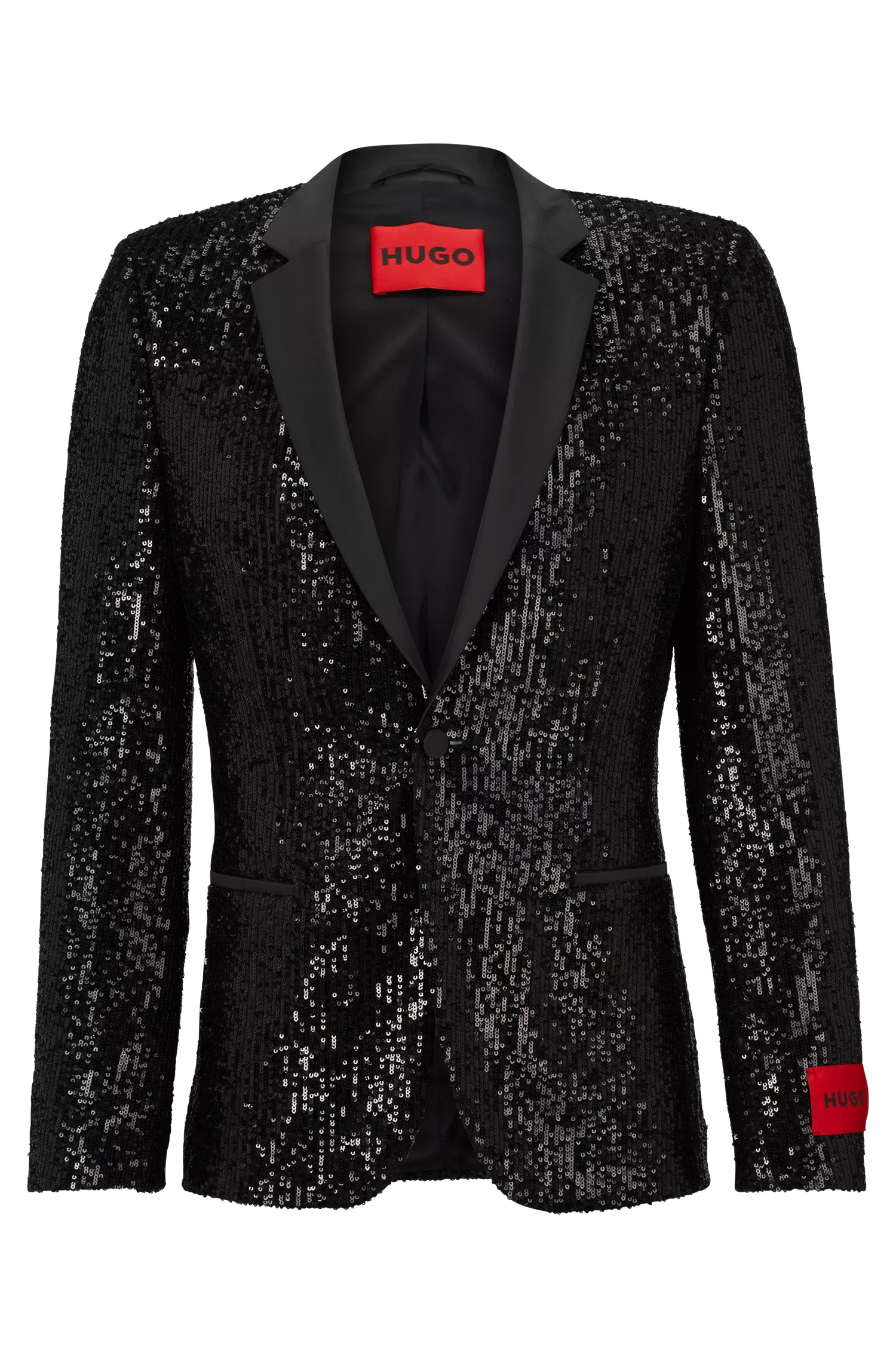 Jaqueta de smoking HUGO vermelha, extra slim fit, em cetim elástico com lantejoulas.