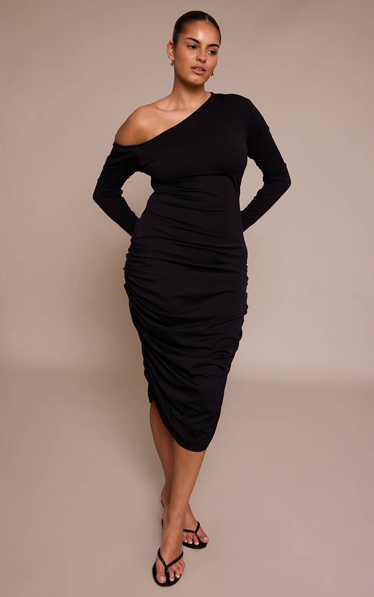 Noir Robe Mi-longue Grande Taille Sculptante À Épaule Dénudée Et Fronces