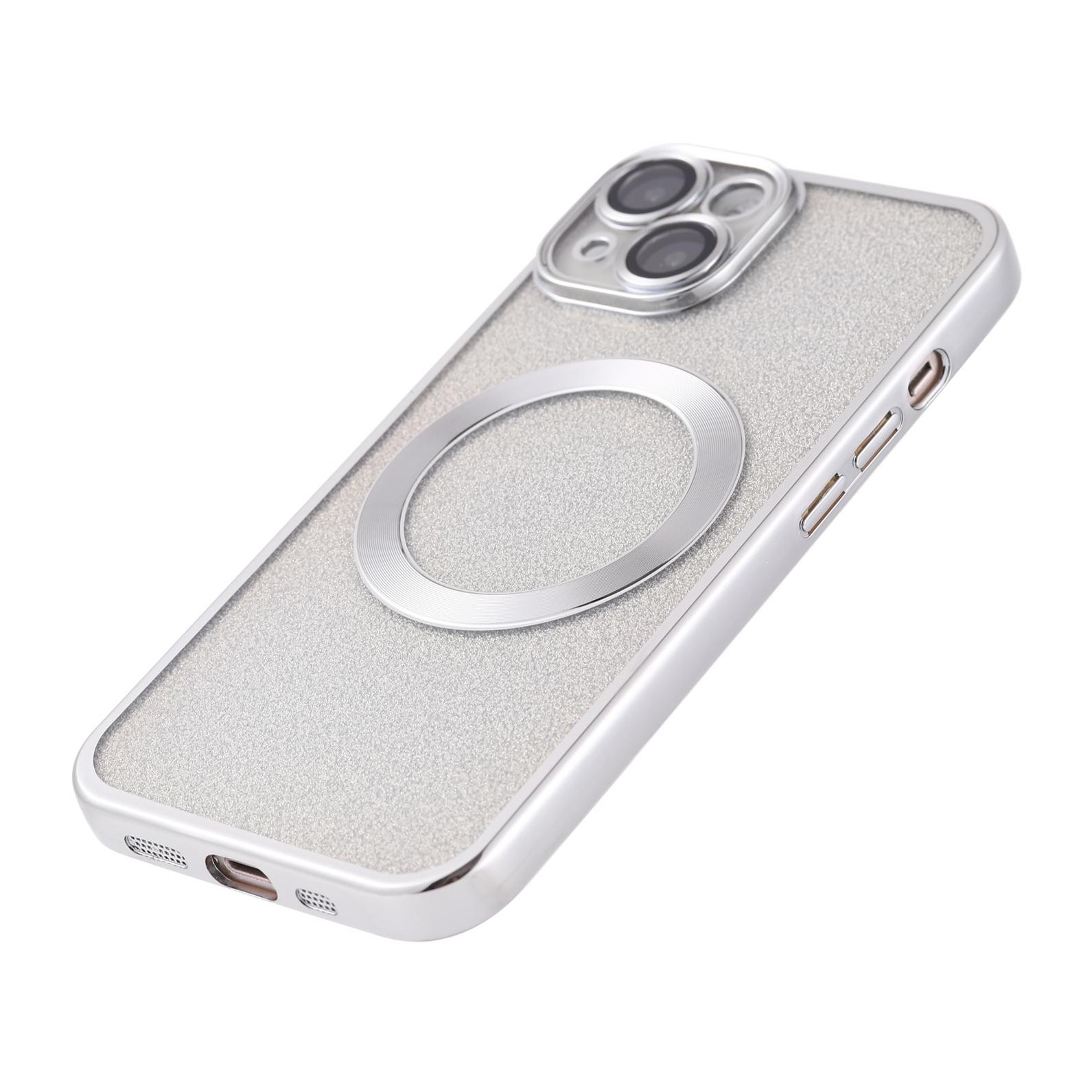 iPhone 13 MagSafe Gummi Case Hülle mit Acryl Kameraglasschutz im Glitzer Design - Silber / Transparent