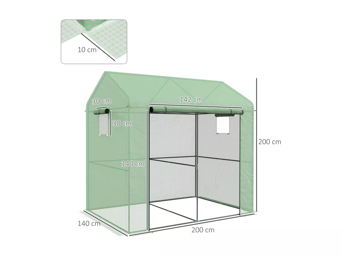 Serre de jardin 2,8 m² porte zippée 2 fenêtres acier PE vert