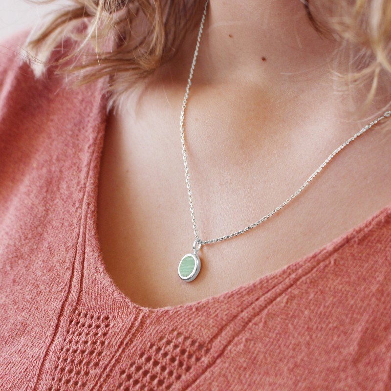 Collier médaille ovale amazonite argent 925 femme - gravure SOLEIL