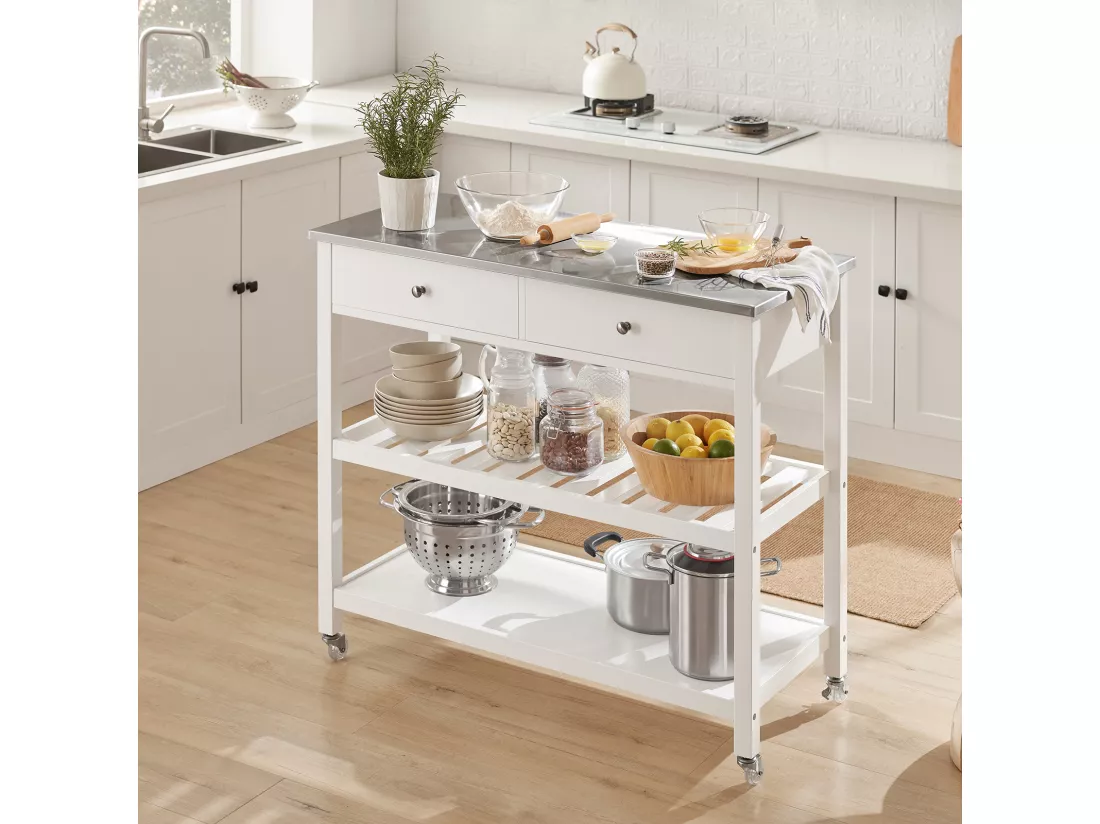 Desserte roulante Chariot de cuisine de 2 étages avec grand plan de travail en Acier Inox, FKW47-W