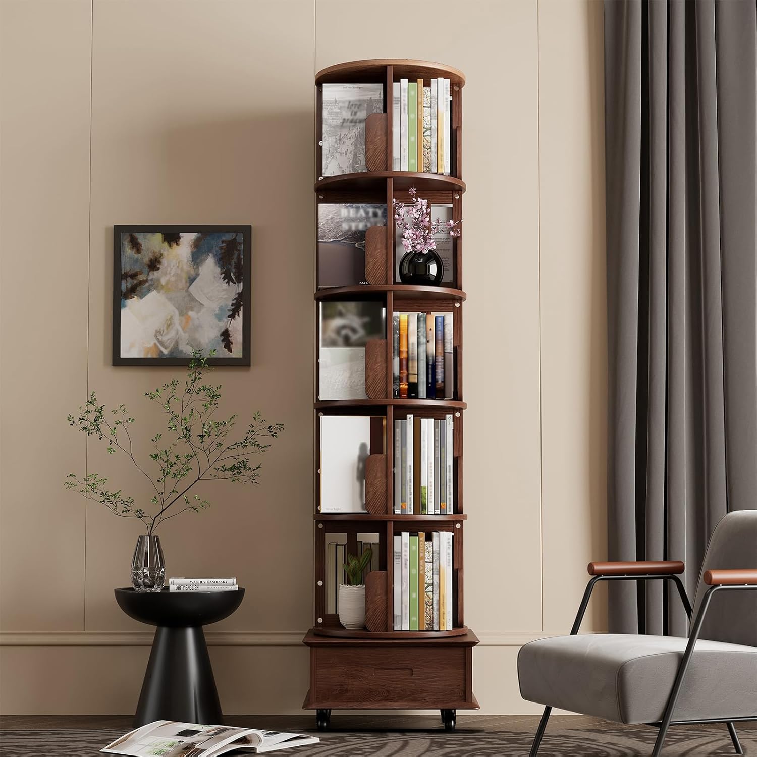 Drehbares Bücherregal aus Massivholz mit 1 Schublade, Rollende Bücherregale auf Rädern, Platzsparendes Drehendes Bücherschrank Turm für Wohnzimmer, Schlafzimmer, 185 x 47,5 x 47,5 cm, Walnuß