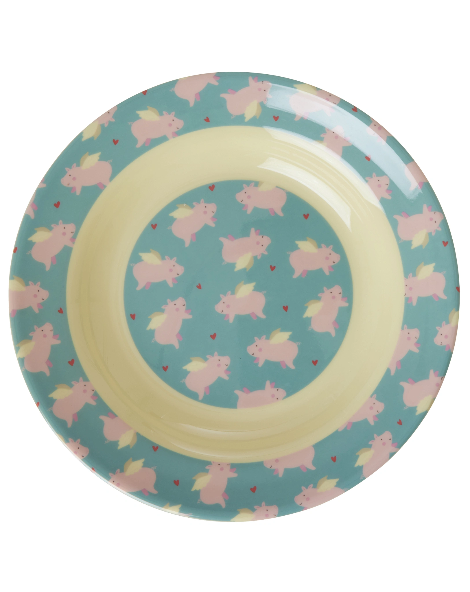 Melaminteller tief FLYING PIG in rosa/blau
