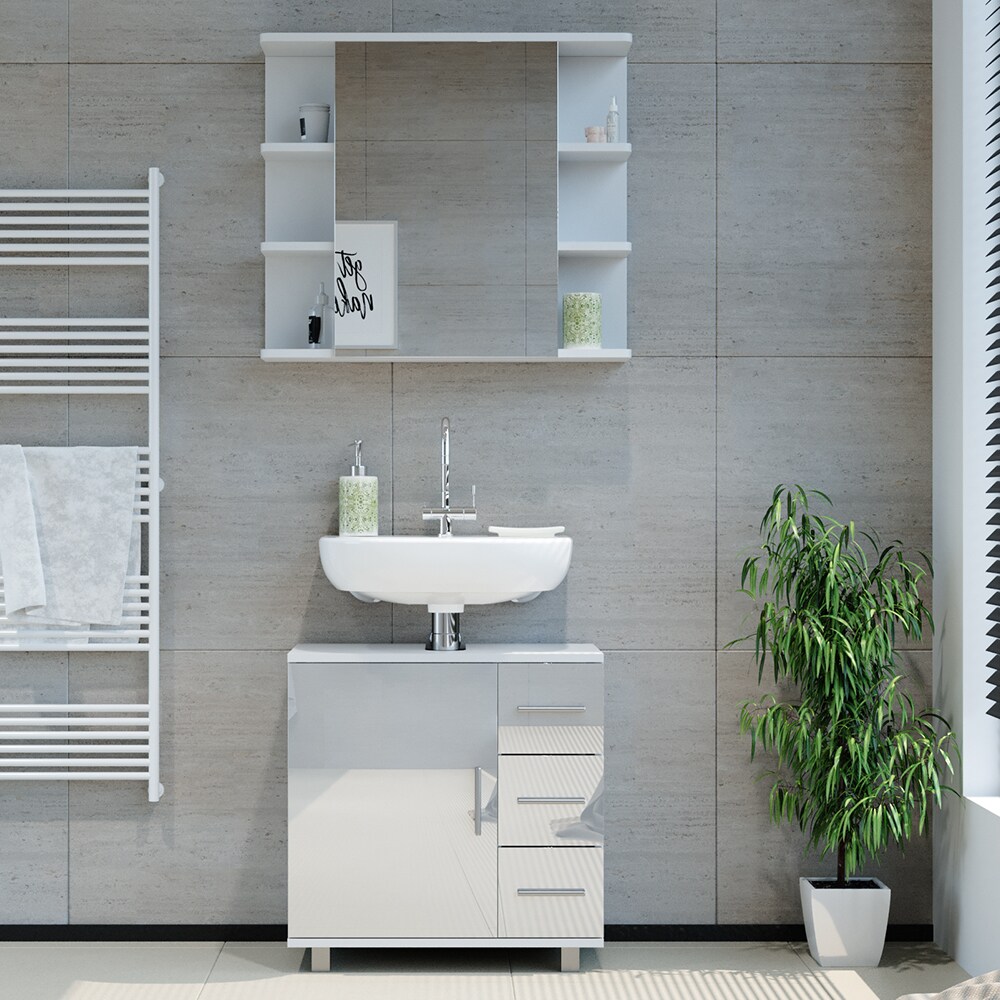 Vicco Badmöbelset Ilias Weiß Hochglanz modern Badezimmer Schrank Badschrank Waschtischunterschrank Spiegelschrank Schranktür Schrankschublade Aufbewahrung