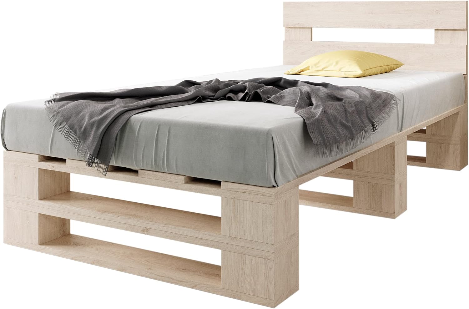 sunnypillow Palettenbett M2 aus Holz 120 x 200 cm mit Kopfteil und Lattenrost Stabiles Holzbett Seniorenbett Kinderbett erhöhtes Einzelbett Bettgestell Futonbett Komforthöhe Naturholz