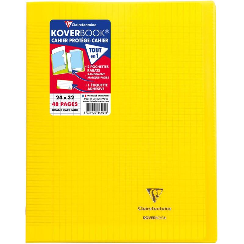 Cahier piqué Koverbook 24x32cm 48 pages grands carreaux couverture polypropylène transparent - Assortis