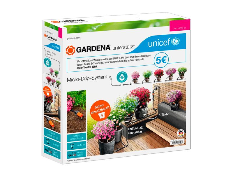 GARDENA Start-Set Tropfbewässerung für Pflanztöpfe Micro-Dr Gardena supports UNICEF – Bewässerungssystem für bis zu fünf Töpfe