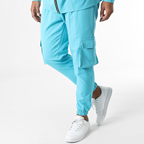 Ensemble De Survetement Sweat Zippé Capuche Et Pantalon Cargo Bleu Turquoise