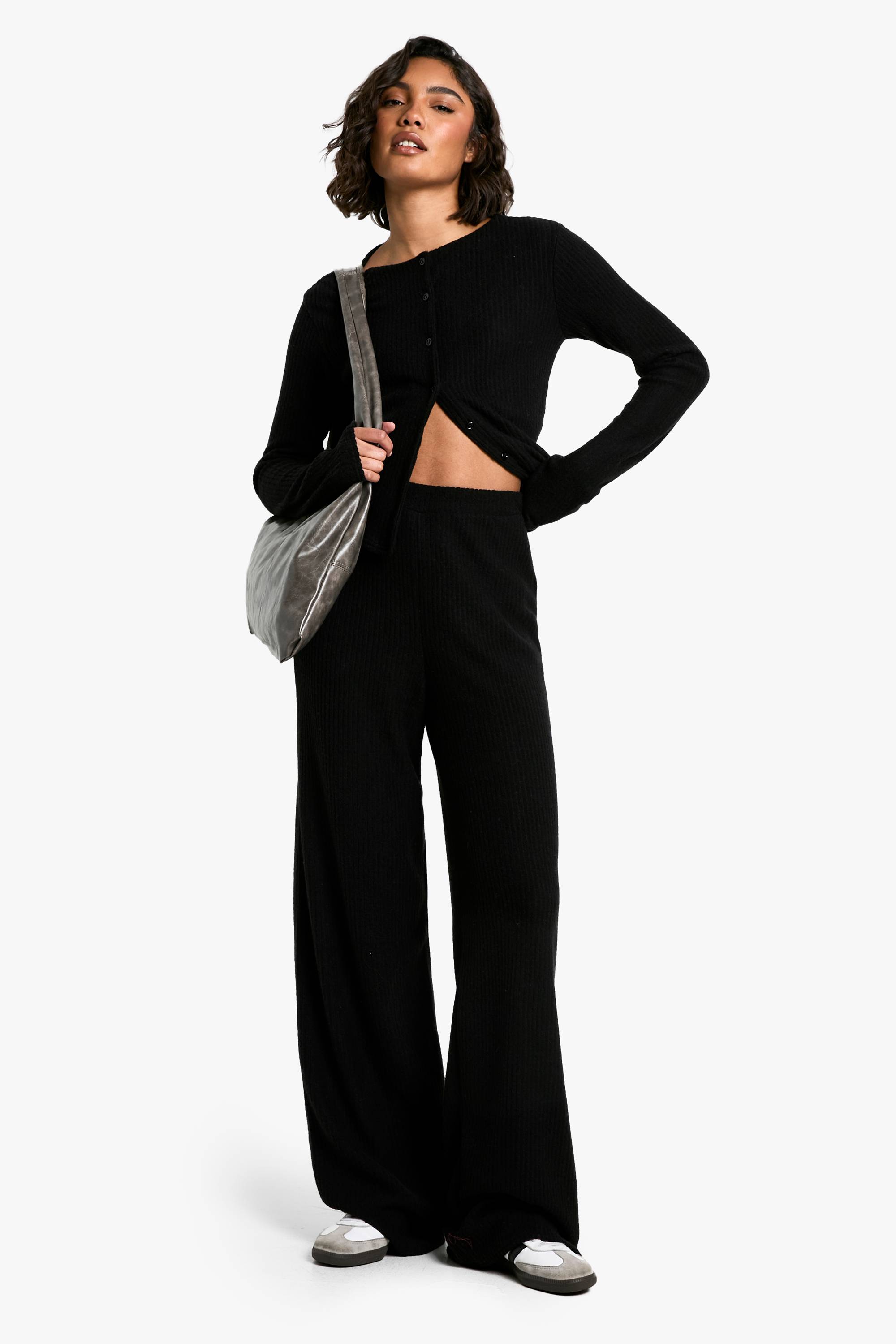 boohoo Cardigan brossé long et ensemble coordonné avec pantalon à jambes larges