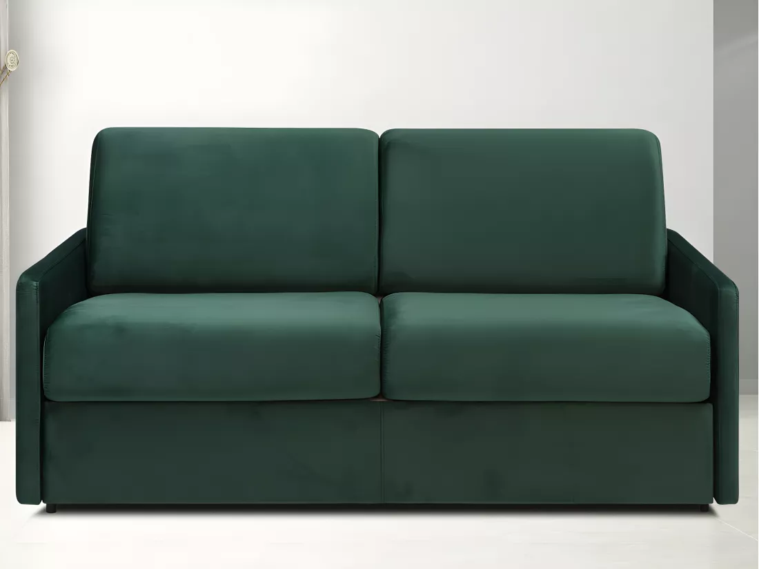 Canapé 3 places convertible express en velours vert sapin - Couchage 140 cm - matelas 18 cm CALIFE