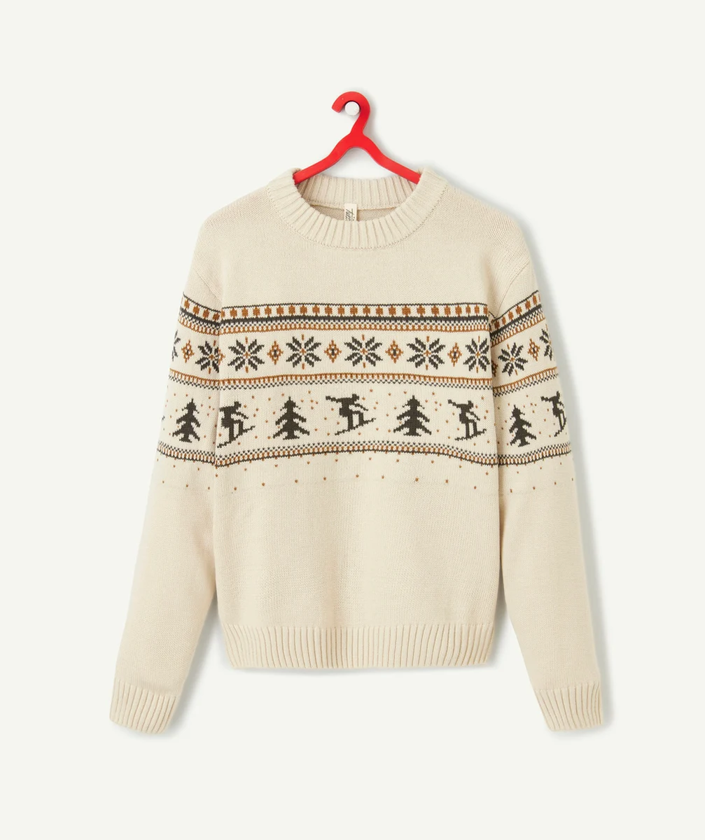 PULL JACQUARD MIXTE EN TRICOT ET FIBRES RECYCLÉES ÉCRU