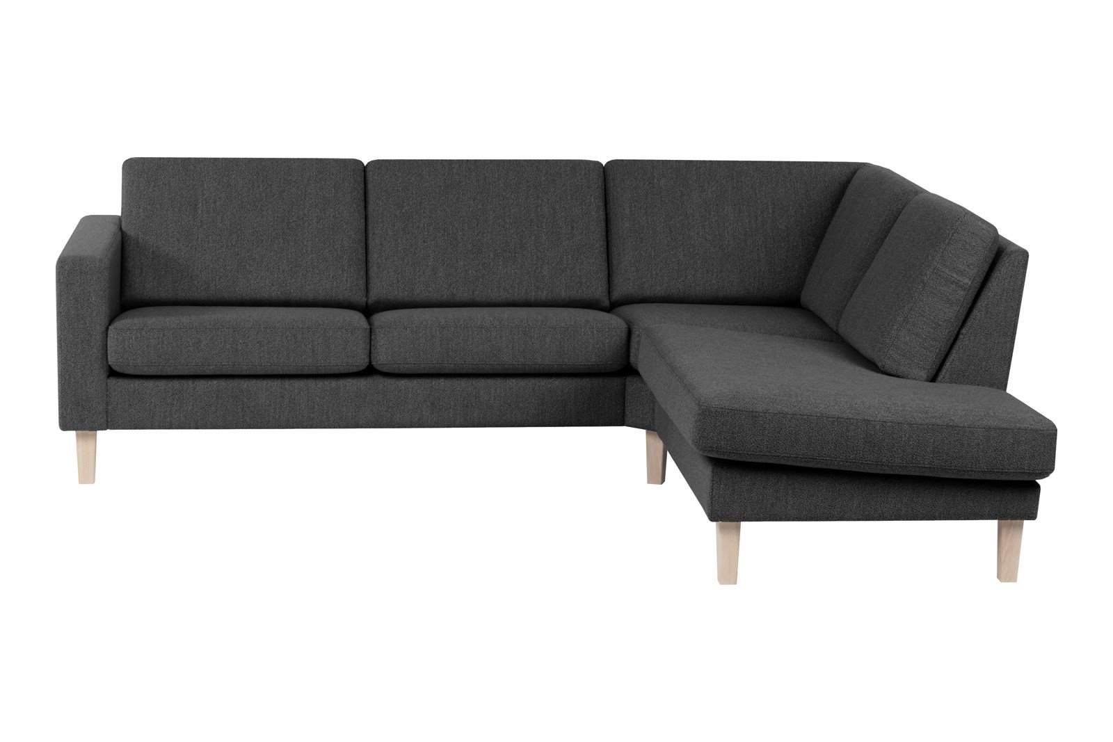 Slogen hjørnesofa Oppsett AH. 2,5-seter med åpen ende høyre. Tekstil Viva Dark Grey med standard ryggpute. Vange B og hvitpigmentert ben 178.