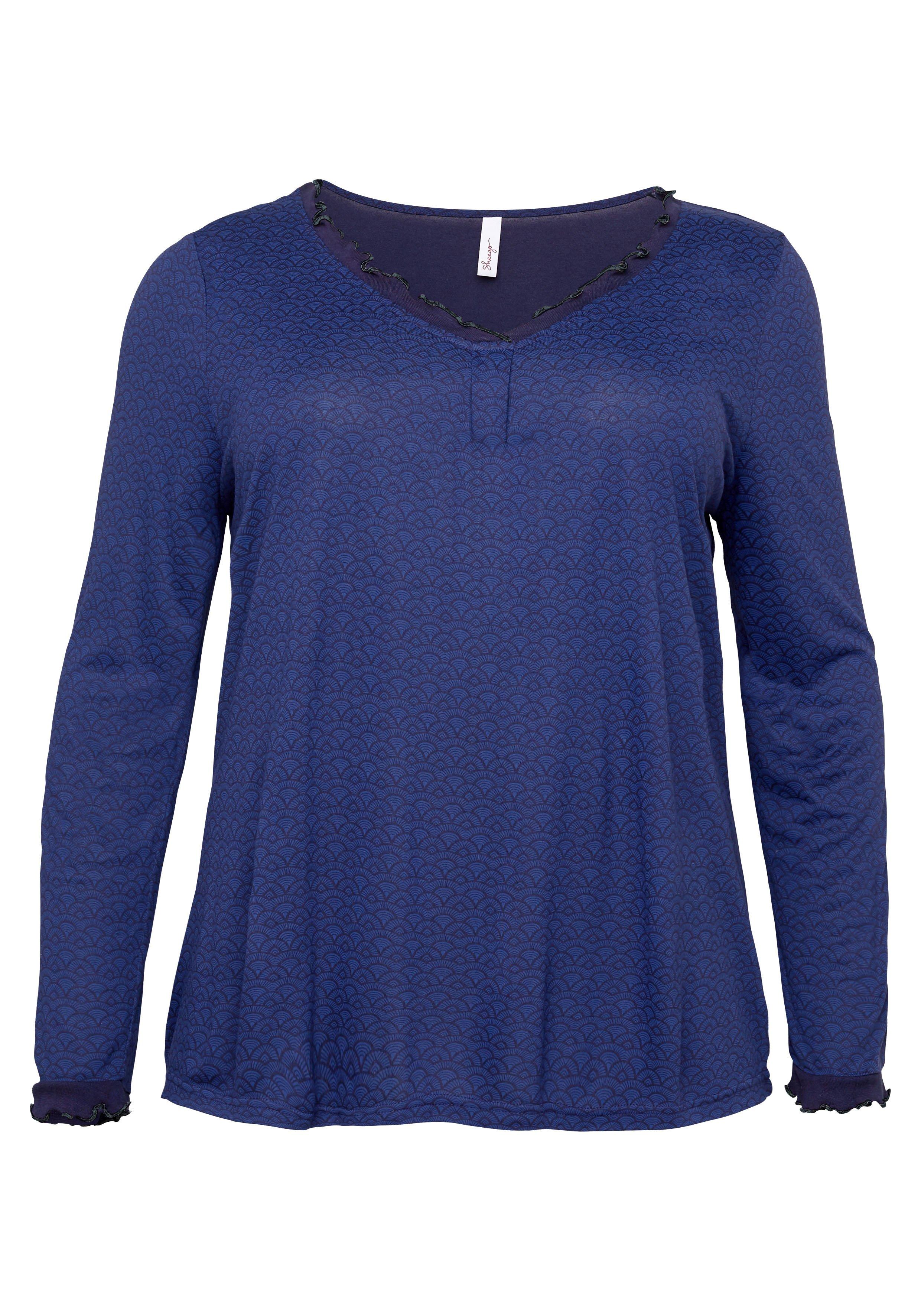 Langarmshirt mit Alloverdruck und Glanzgarn-Rüschen