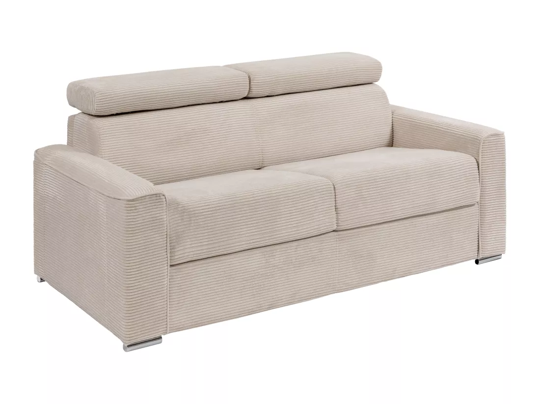 Canapé 3 places convertible express en velours côtelé beige - Couchage à lattes larges 140 cm - Matelas 22 cm mémoire de forme - VIZIR