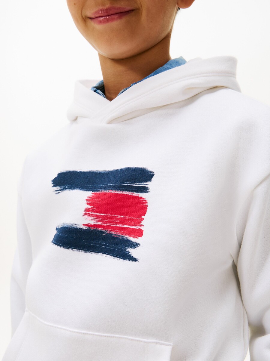 TOMMY HILFIGER<br>Moletom com capuz, estampa de bandeira, tecido fleece