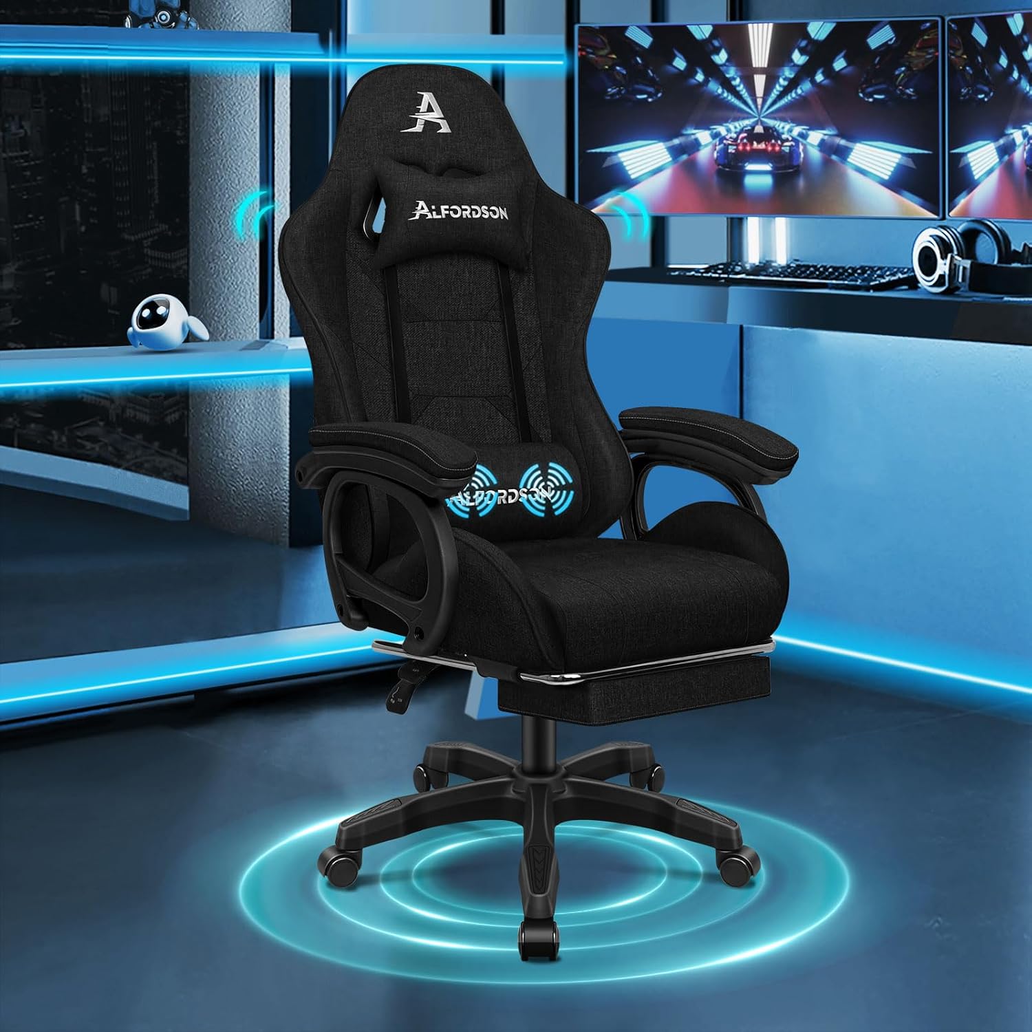 ALFORDSON Massage GamerStuhl, Computer Bürostuhl mit Fußstütze, 2-Punkt-Massage Stuhl 180kg Belastbarkeit, 90-150° Rückenlehne einstellbar Ergonomischer PC Stuhl, 360° drehbar, Leinenstoff, Schwarz