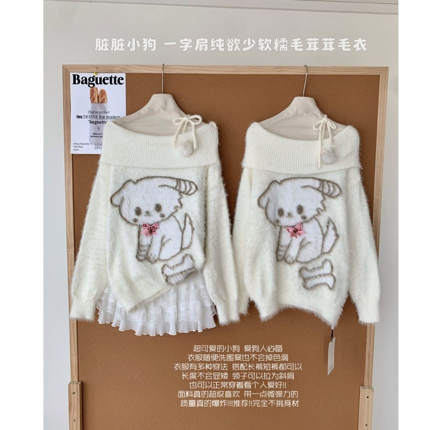 Dute - Off Shoulder Cartoon Patroon Trui met Strik