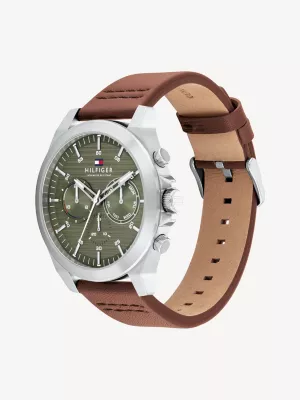 Relógio com pulseira de couro marrom e mostrador verde