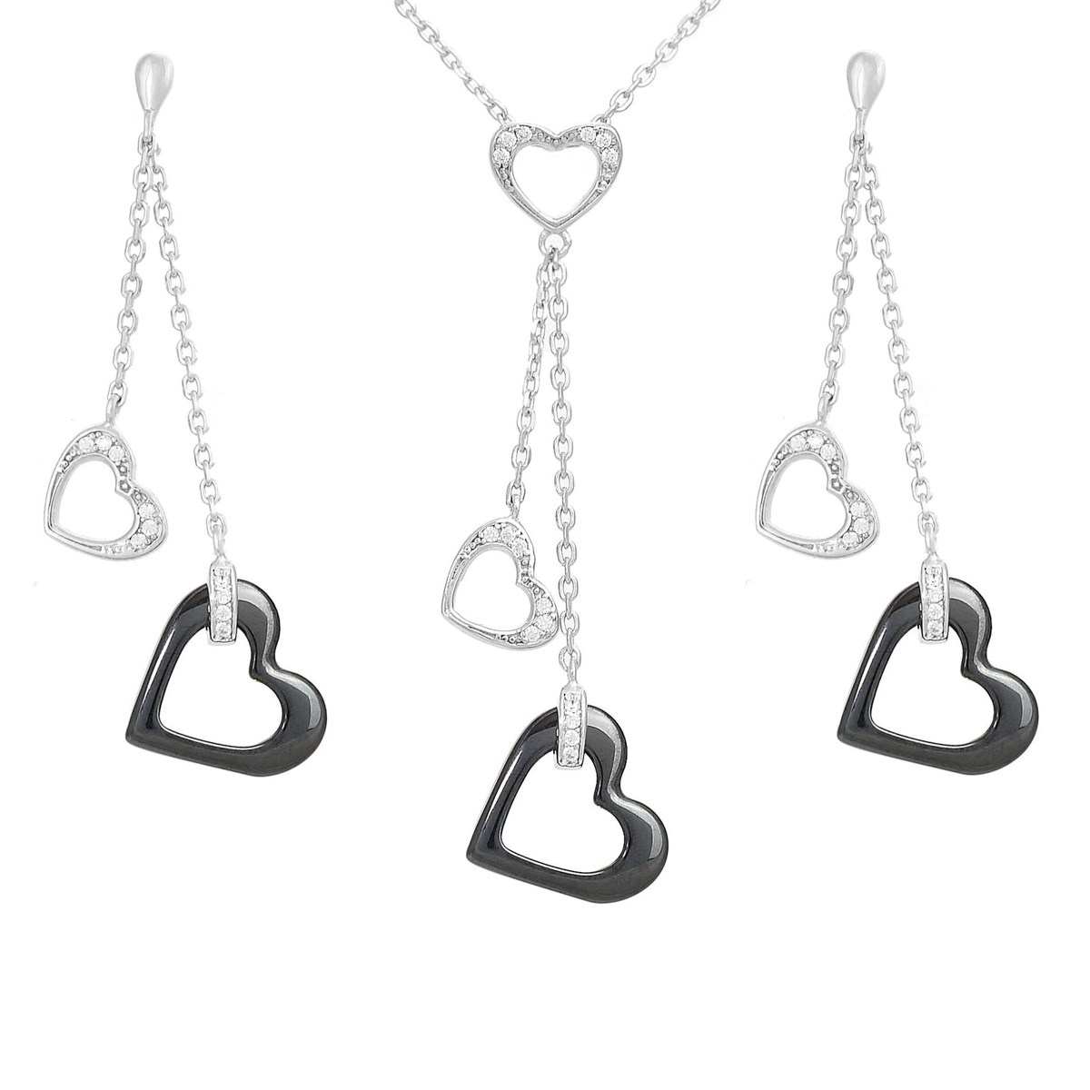 Parure coeurs oxyde de zirconium et céramique noire Argent 925 Rhodié