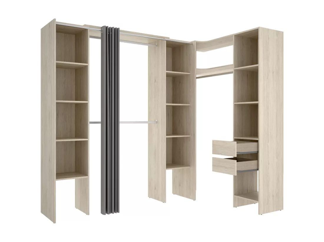 Kit armoire dressing d'angle extensible en bois mélaminé coloris chêne naturel - Longueur 164-234 x Profondeur 141 x Hauteur 205 cm