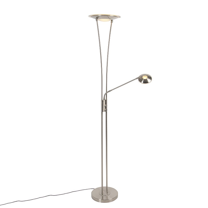 QAZQA - Moderne vloerlamp | Staande lamp | Lamp | Licht staal | Zilver | Mat nikkel incl. LED met leesarm - Ibiza Dimmer | Dimbaar | Woonkamer | Slaapkamer | Uplighter - Staal