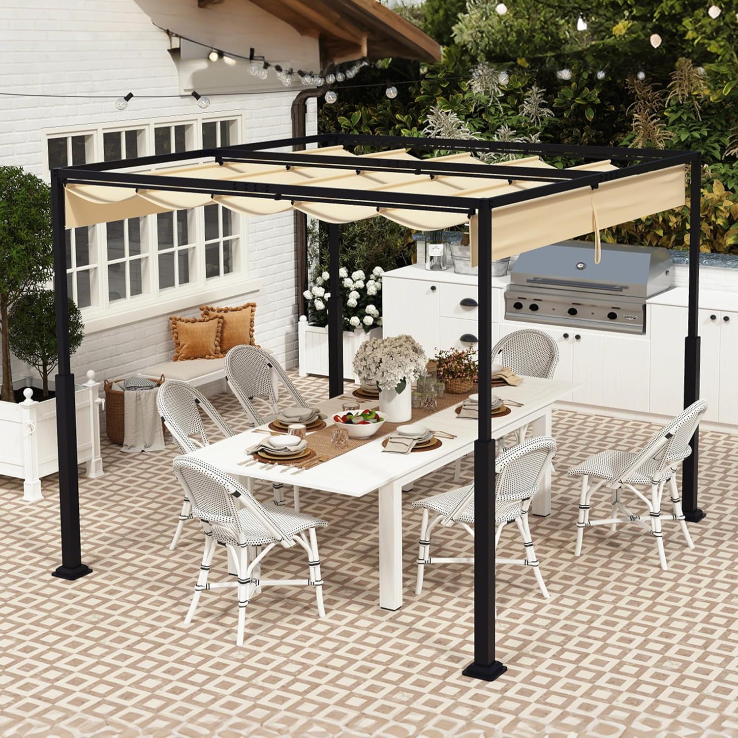3x3m Outdoor Pergola Stabile Metallrahmen Gartenpavillon mit Wind- & Sonnenschutz Schiebedach, Freistehend Überdachung Einziehbare Markise für Garten Terrasse & Balkon (Beige)