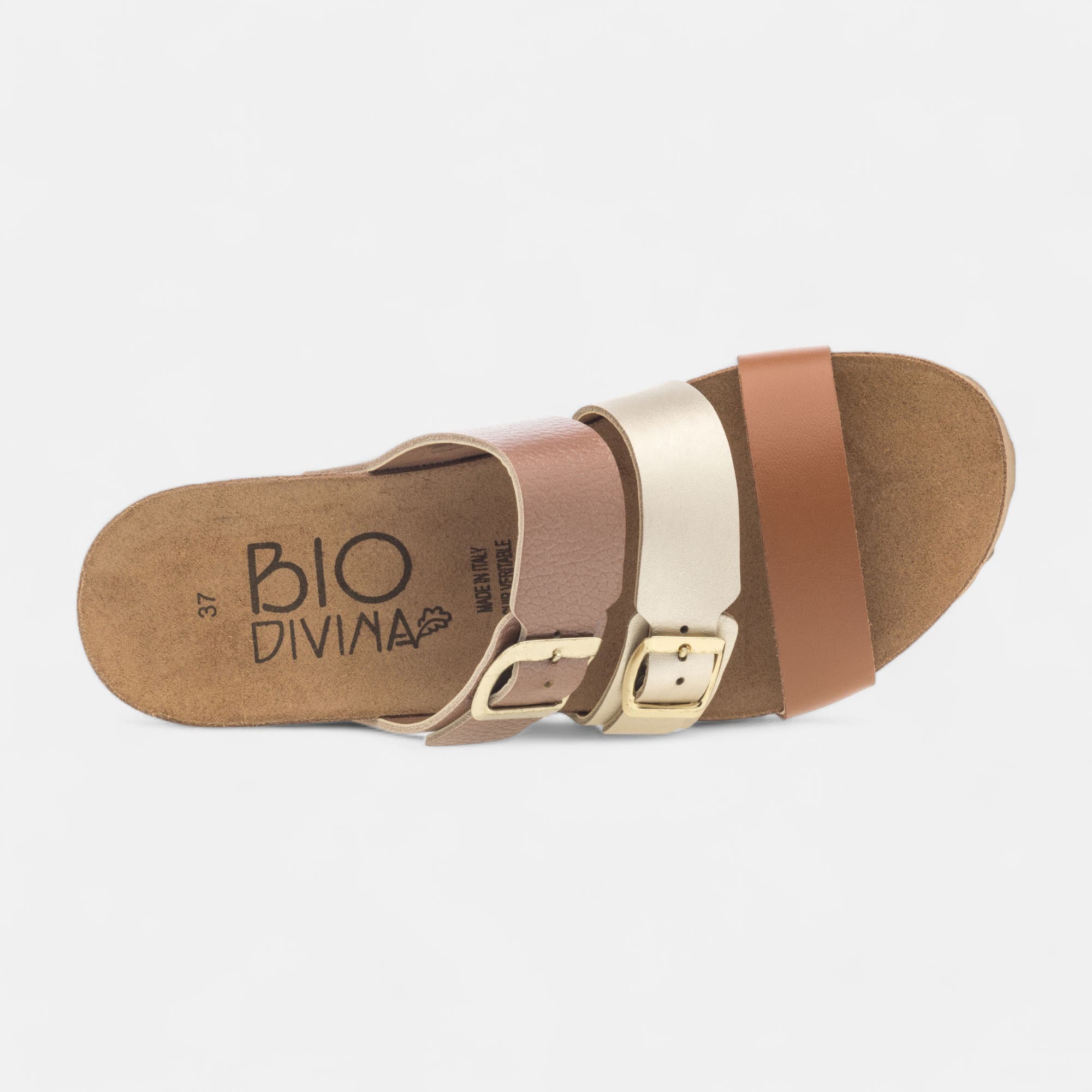 Mules semelle liège à talon compensé Femme en cuir cognac