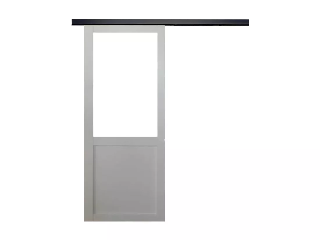 Porte Coulissante Atelier Blanc H204 X L73 Sans Meneau + Rail Alu Bandeau Noir Gd Menuiseries
