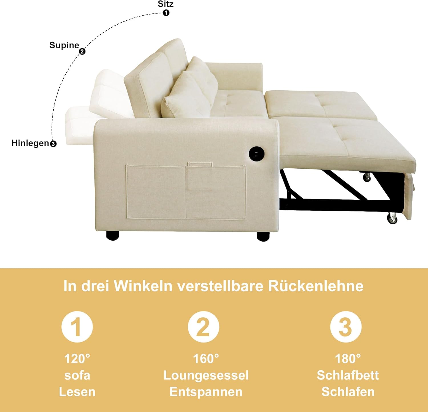 Modernes Doppel-Klappschlafsofa, 2-Sitzer Ausziehsofa mit Schlaffunktion, mit verstellbare Rückenlehne&Armlehnentaschen und Kissen, USB-Ladeanschluss, für Wohnzimmer Schlafzimmer Büro (Beige C)