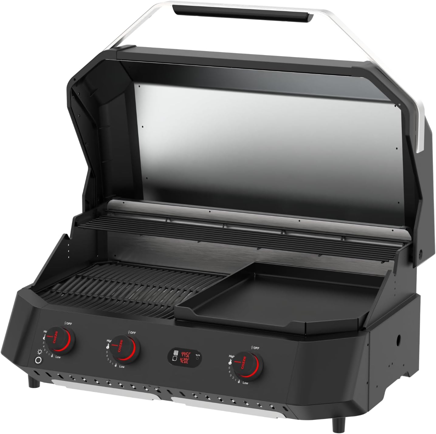 Cozze® G-800 COMBO Plancha-Grill – 3-Brenner Gasgrill mit Grillplatte – 50 mbar – Outdoor Grill mit 9,5 kW Leistung & digitalem Thermometer – inkl. Druckregler & Warmhalterost