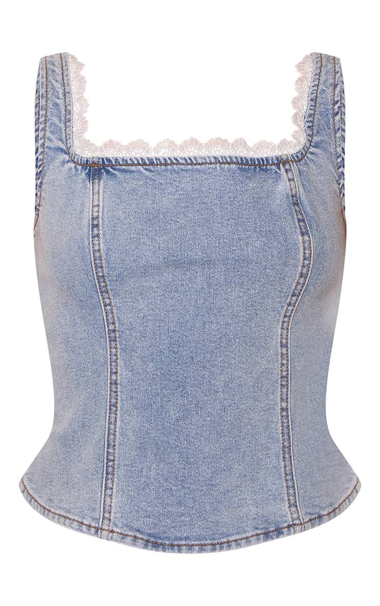 Mid Blue Wash Corset En Denim Bleu Moyen Avec Détails De Broderie Anglaise