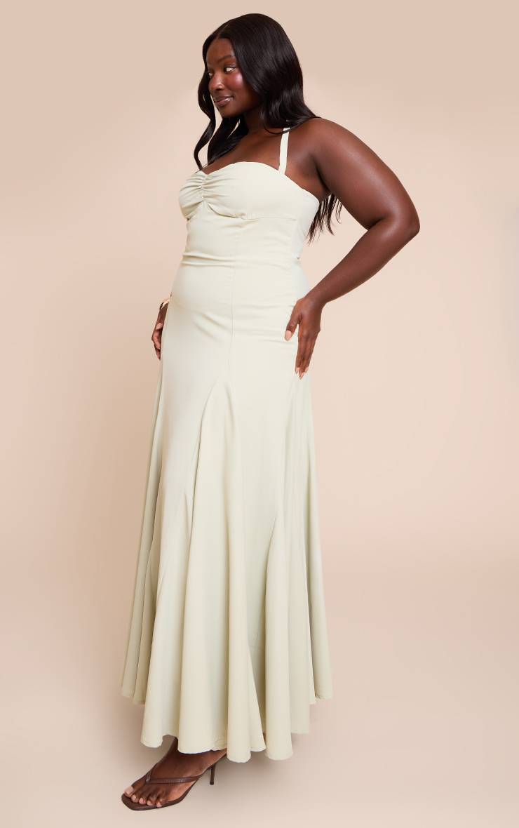 Vert Sauge Robe Longue Grande Taille Tissée À Encolure Américaine Avec Détail Froncé Au Buste