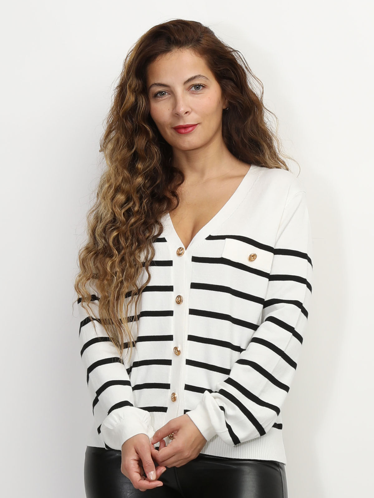 Cardigan marinière à boutons style officier- Blanc