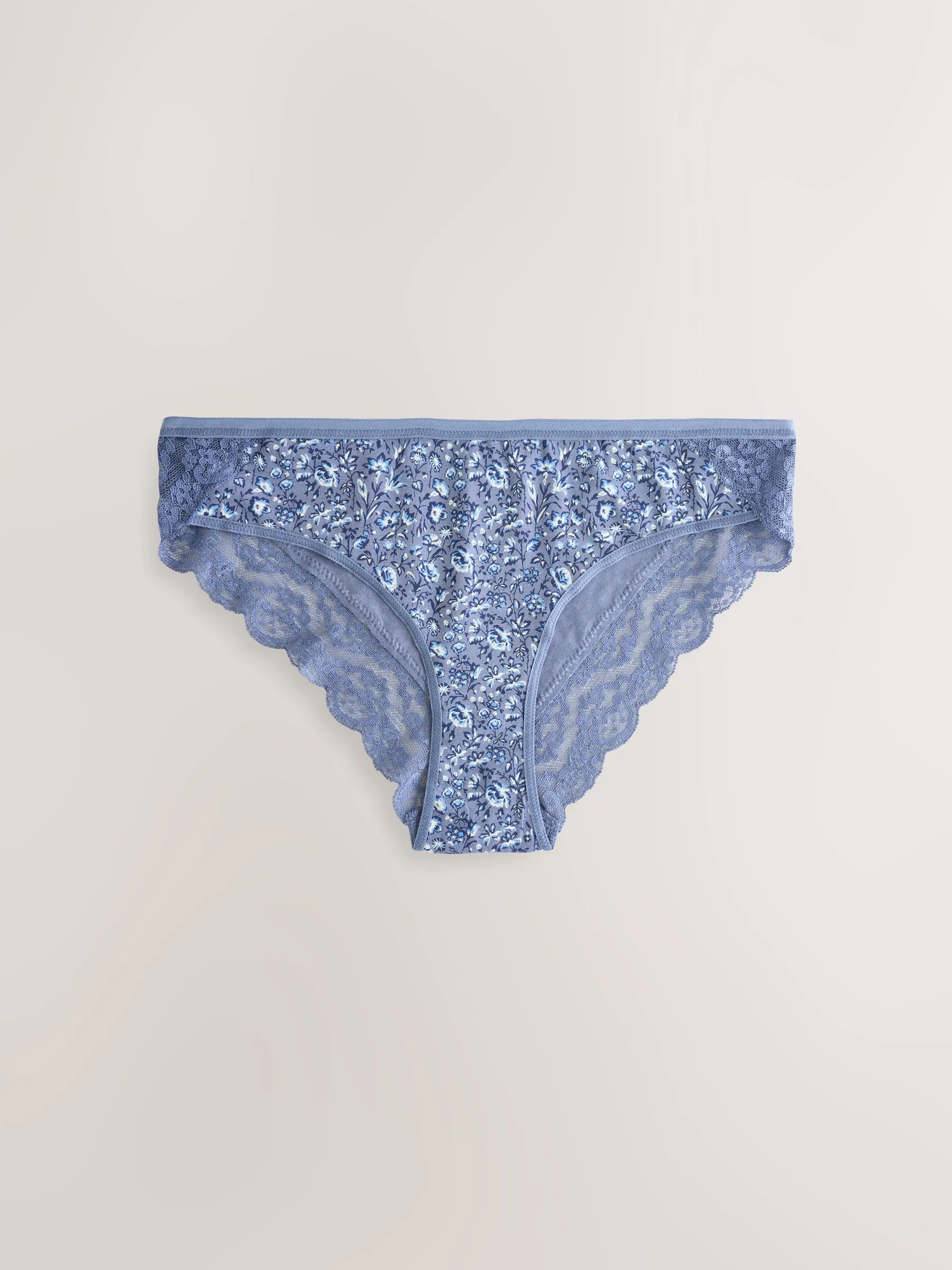 Blauw fijne bloemenprint - Katoenen kanten slipjes 4 stuks