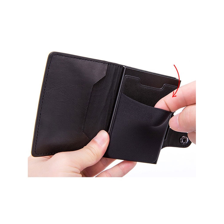 Mini Kreditkarten Leder Etui Geldbörse mit Kartenauswurf-Mechanismus für 8 Karten (RFID Schutz) - Schwarz / Carbon