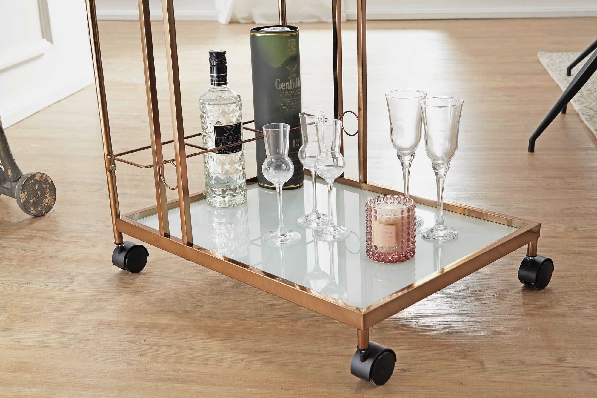 FineBuy Servierwagen Gold Beistelltisch Rollen Küchen-Speisewagen Glas Teewagen