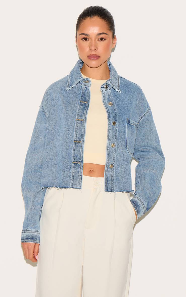 Mid Blue Wash Chemise En Denim Raccourcie À Ourlet Brut