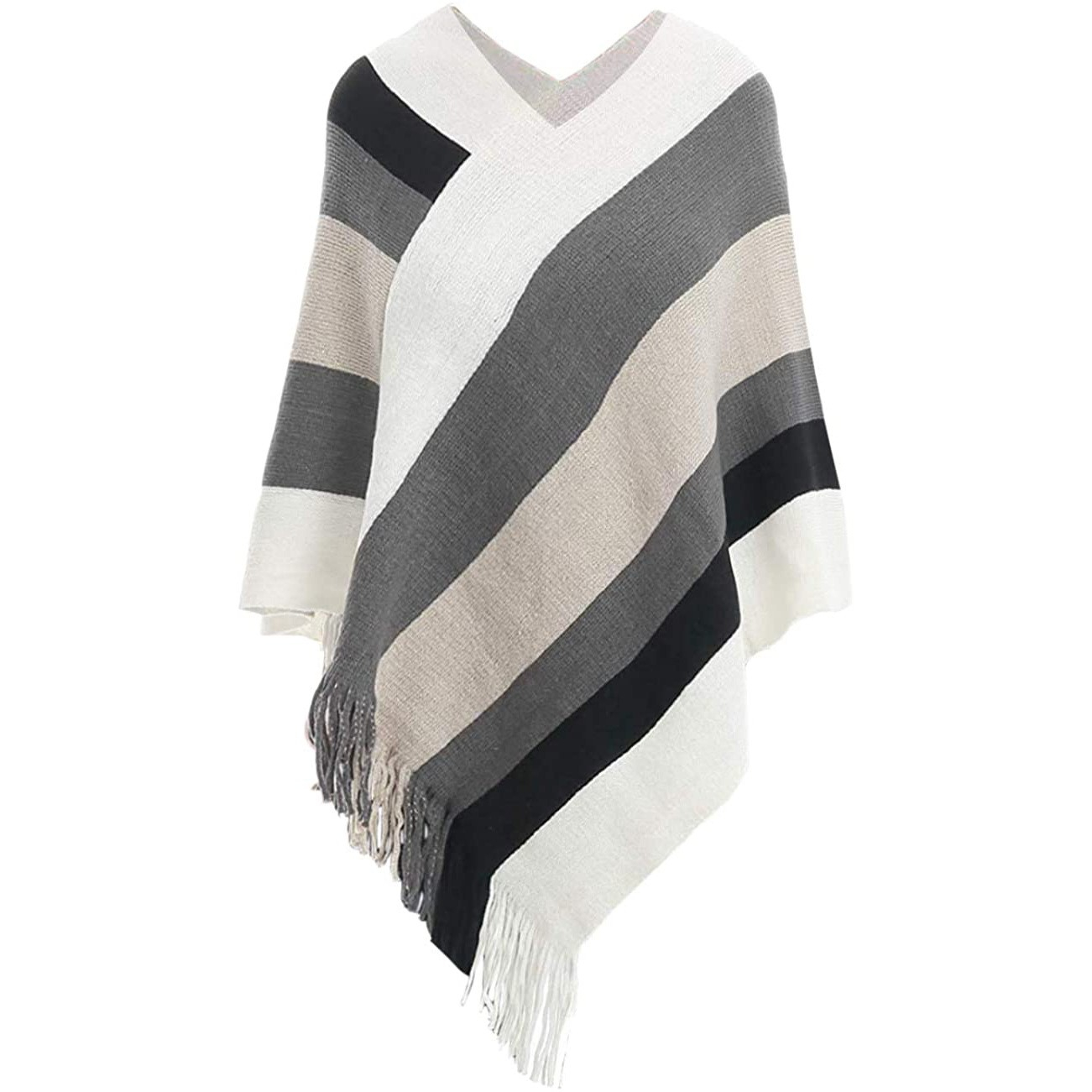 Damen Strick Poncho Fashion Schulter Tuch Cape mit Fransen (One Size) - Weiss / Grau