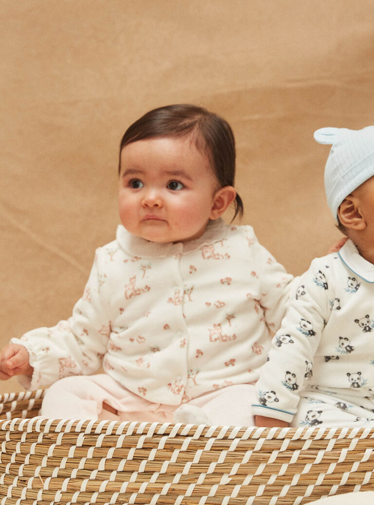 Grenouillère rose pâle et gilet écru en velours en coton biologique et polyester recyclé